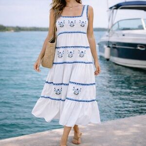 English Factory Cayce Embroidered Tiered Midi Dress Blue Size Large NWT